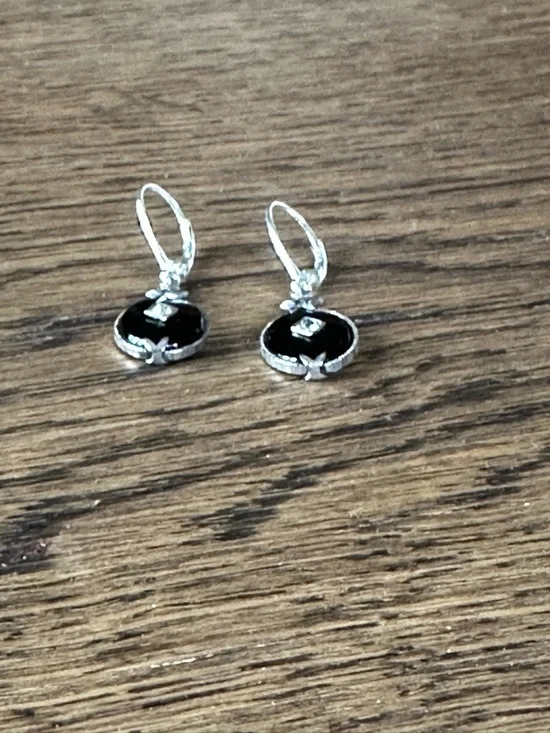 Art Deco Black Onyx & Diamond Earrings | Sterling Silver | Vintage - Picture 2 of 4